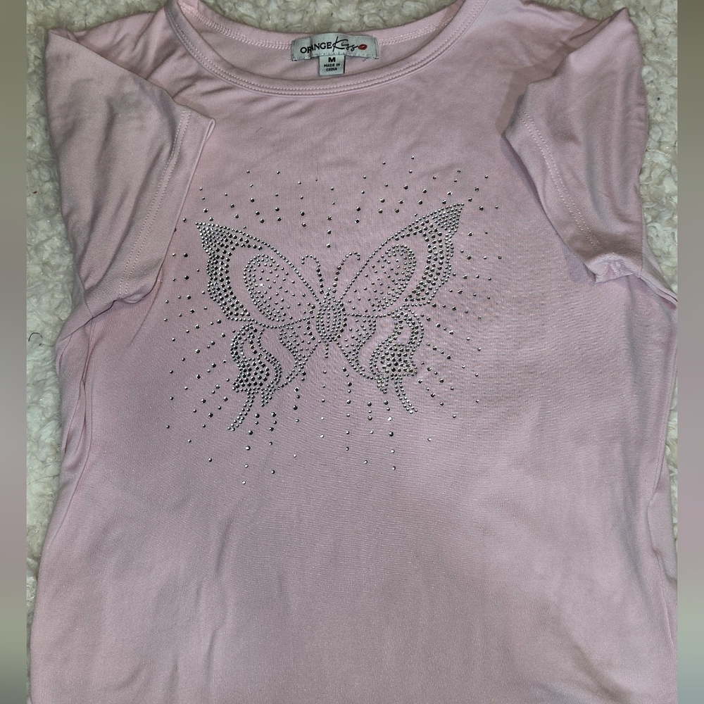 Onque Light Pink Butterfly Studded Tee